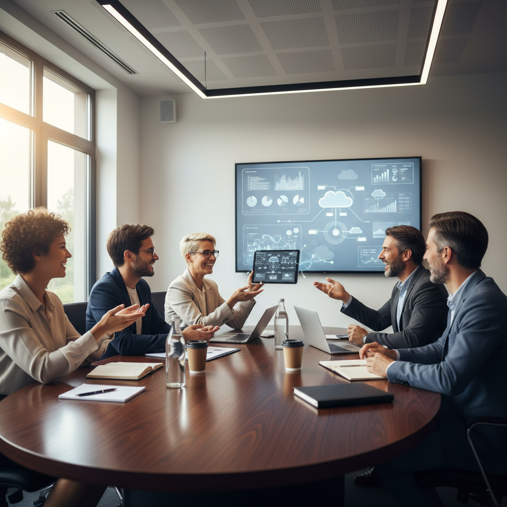 Consultants in conference room with tech